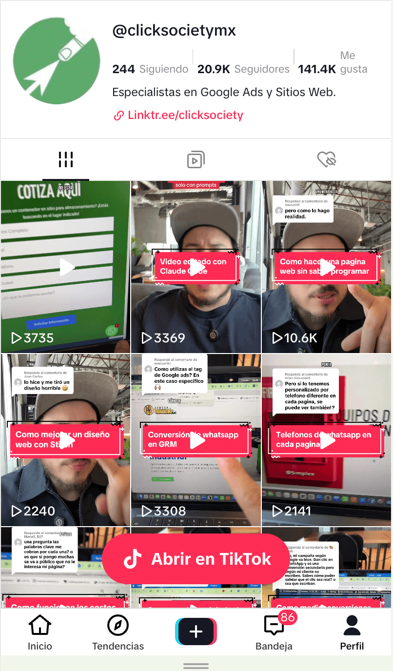 Perfil TikTok @clicksocietymx