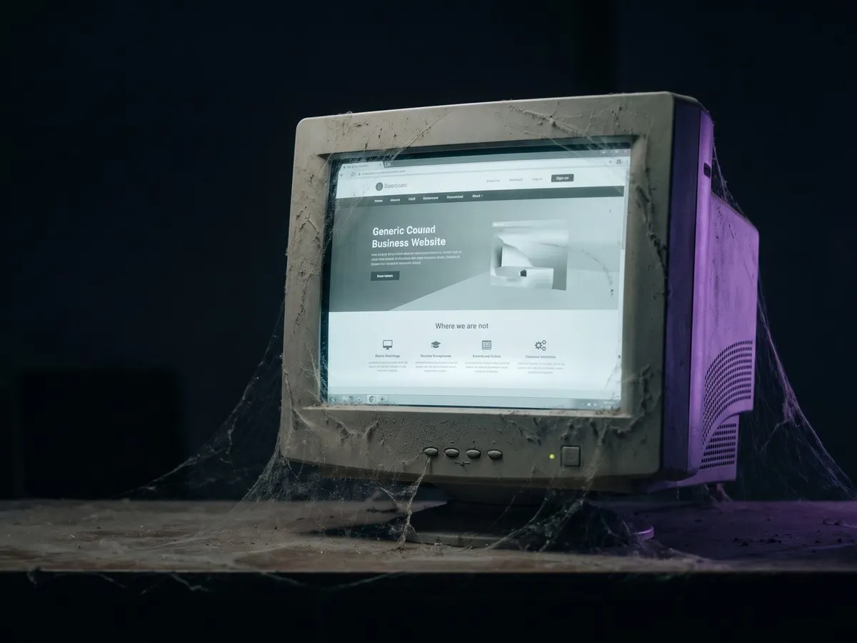 Monitor with cobwebs showing an abandoned traditional website